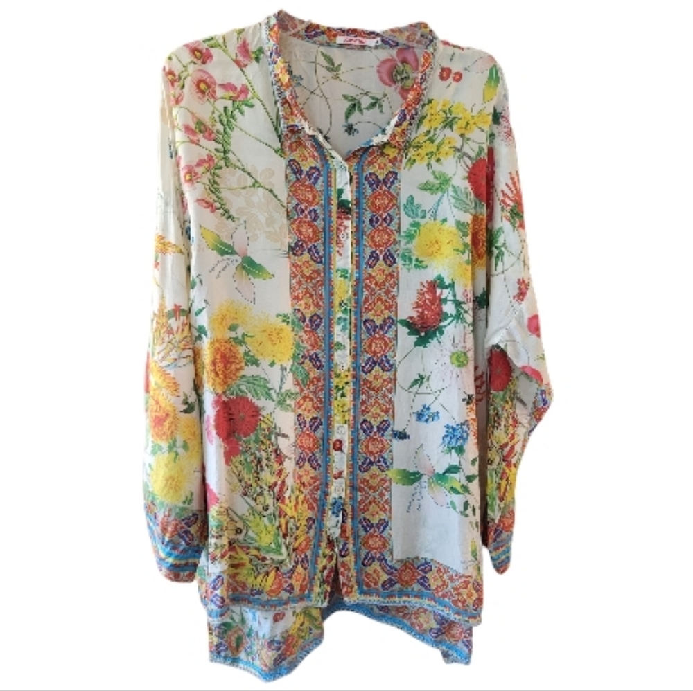 Johnny Was Multicolor Jaffa Silk Button Down Blouse - Size XL* - Picture 2 of 7
